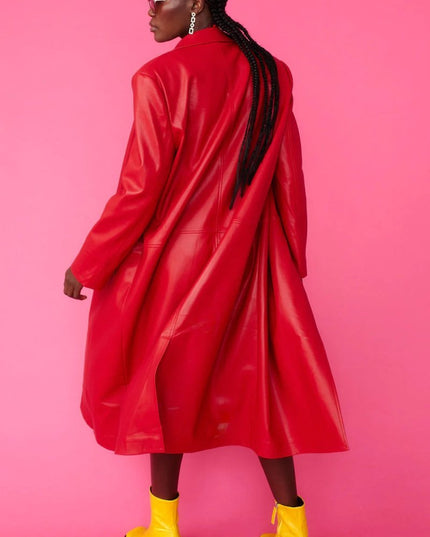 Red Eco Leather Trench Coat - Faux Leather Coats - Buy Me Fur Ltd