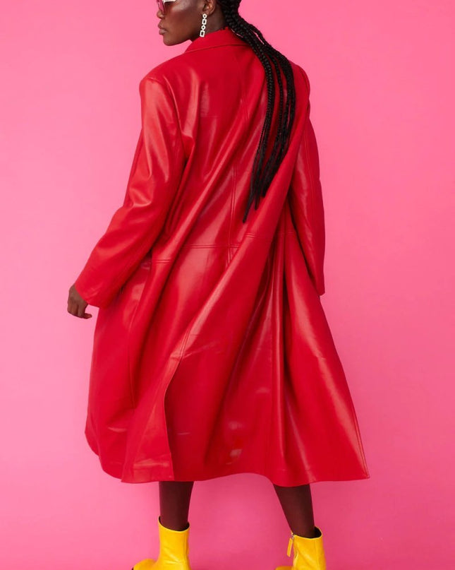 Red Eco Leather Trench Coat - Faux Leather Coats - Buy Me Fur Ltd