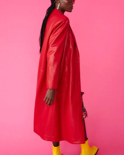 Red Eco Leather Trench Coat - Faux Leather Coats - Buy Me Fur Ltd