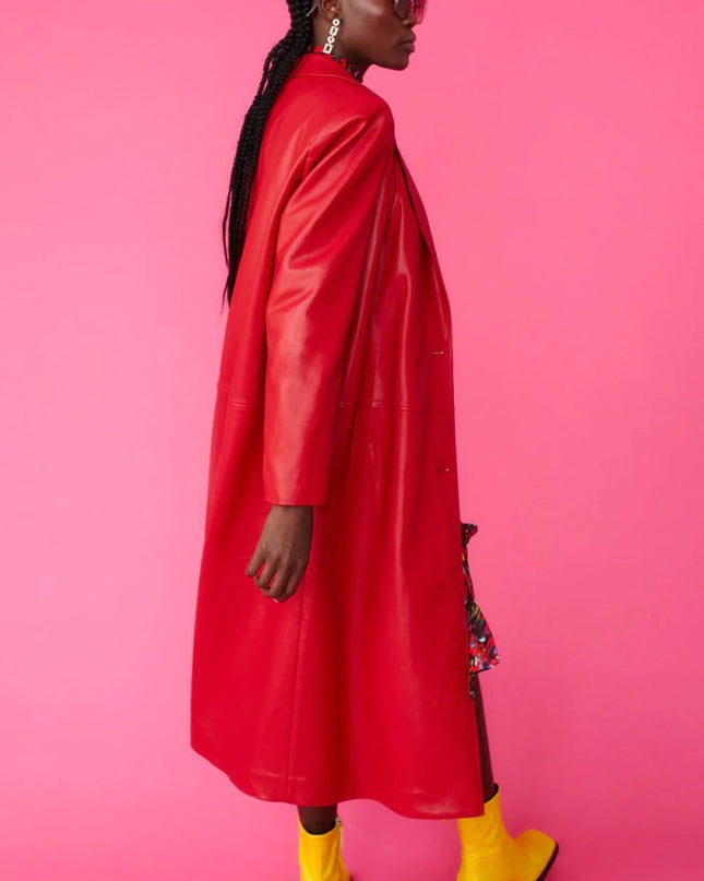 Red Eco Leather Trench Coat - Faux Leather Coats - Buy Me Fur Ltd