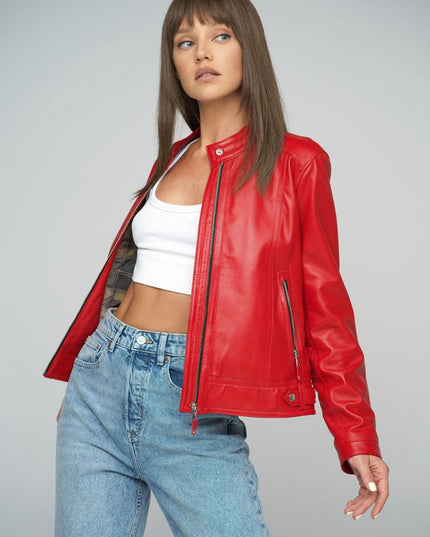 Red Genuine Cropped Leather Jacket - Leather Jackets - Buy Me Fur Ltd