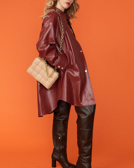 Red Oversized Faux Suede Leather Trench Coat with Exaggerated Collar