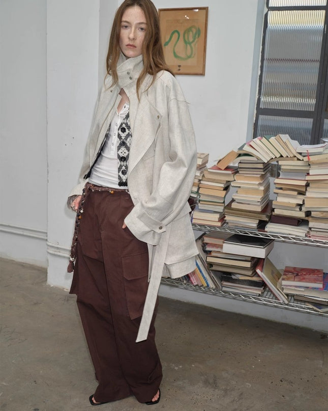 Relaxed Gold Linen Blend Lace - Up Mid - Length Trench Coat Spring"Flynn Magazine" - outerwear - Firelady Fur