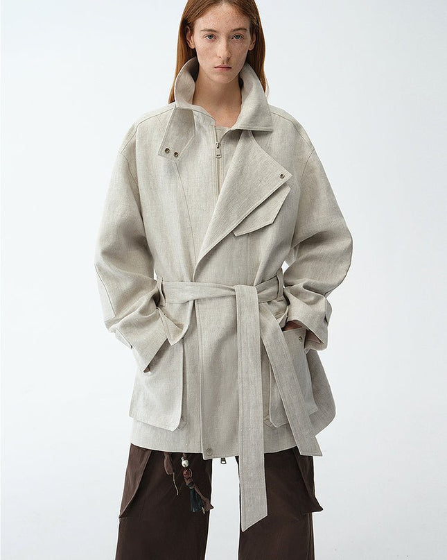 Relaxed Gold Linen Blend Lace - Up Mid - Length Trench Coat Spring"Flynn Magazine" - outerwear - Firelady Fur