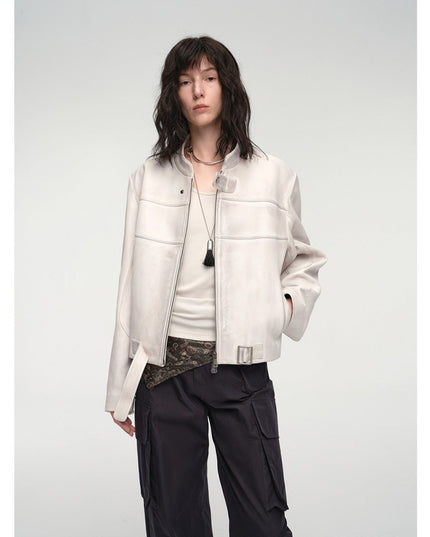 Retro Sheepskin Stand Collar Short Motorcycle Jacket “Caramel Mountain” - leather jacket - Firelady Fur