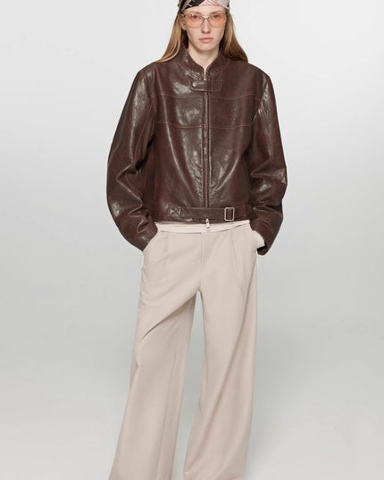 Retro Sheepskin Stand Collar Short Motorcycle Jacket “Caramel Mountain” - leather jacket - Firelady Fur