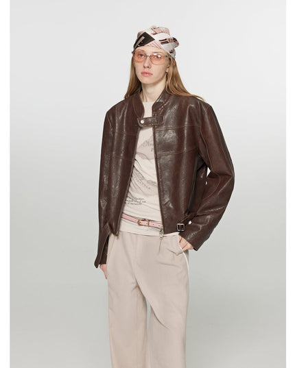 Retro Sheepskin Stand Collar Short Motorcycle Jacket “Caramel Mountain” - leather jacket - Firelady Fur