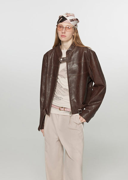 Retro Sheepskin Stand Collar Short Motorcycle Jacket “Caramel Mountain” - leather jacket - Firelady Fur