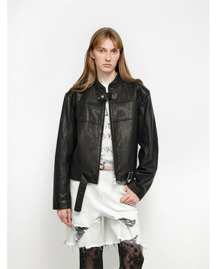 Retro Sheepskin Stand Collar Short Motorcycle Jacket “Caramel Mountain” - leather jacket - Firelady Fur