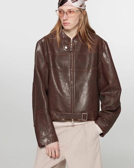 Retro Sheepskin Stand Collar Short Motorcycle Jacket “Caramel Mountain” - leather jacket - Firelady Fur