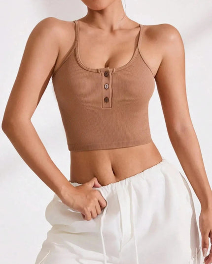 Ribbed Half Button Cropped Active Cami - Trendsi