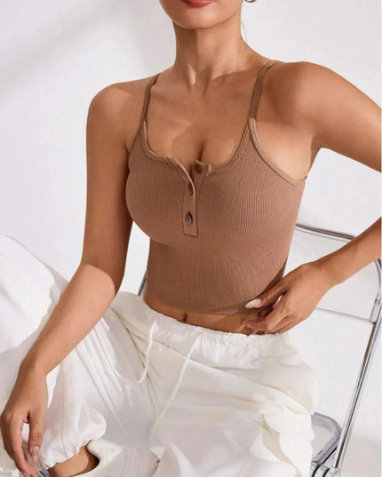 Ribbed Half Button Cropped Active Cami - Trendsi