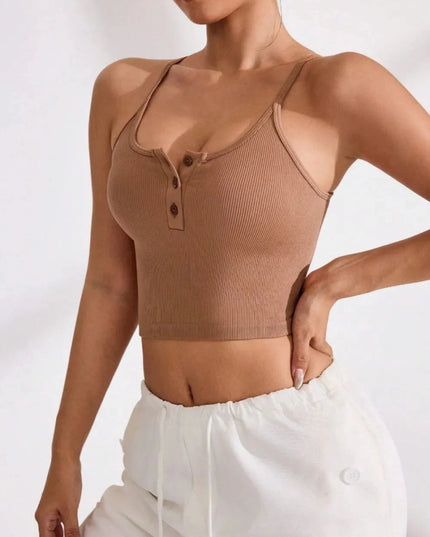 Ribbed Half Button Cropped Active Cami - Trendsi