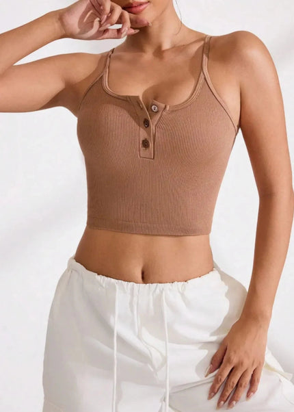 Ribbed Half Button Cropped Active Cami - Trendsi