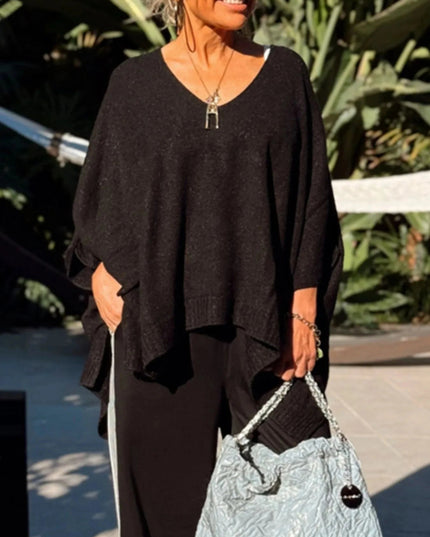 Ribbed Hem V - Neck Sweater - Trendsi