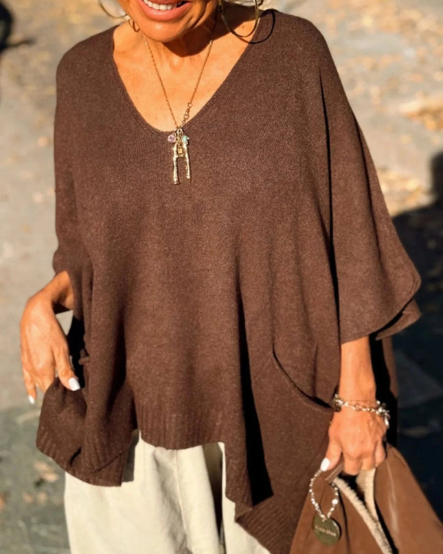 Ribbed Hem V - Neck Sweater - Trendsi