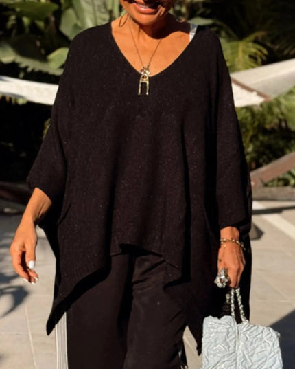 Ribbed Hem V - Neck Sweater - Trendsi