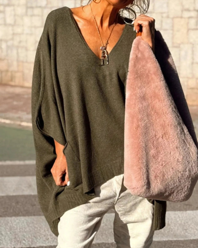 Ribbed Hem V - Neck Sweater - Trendsi