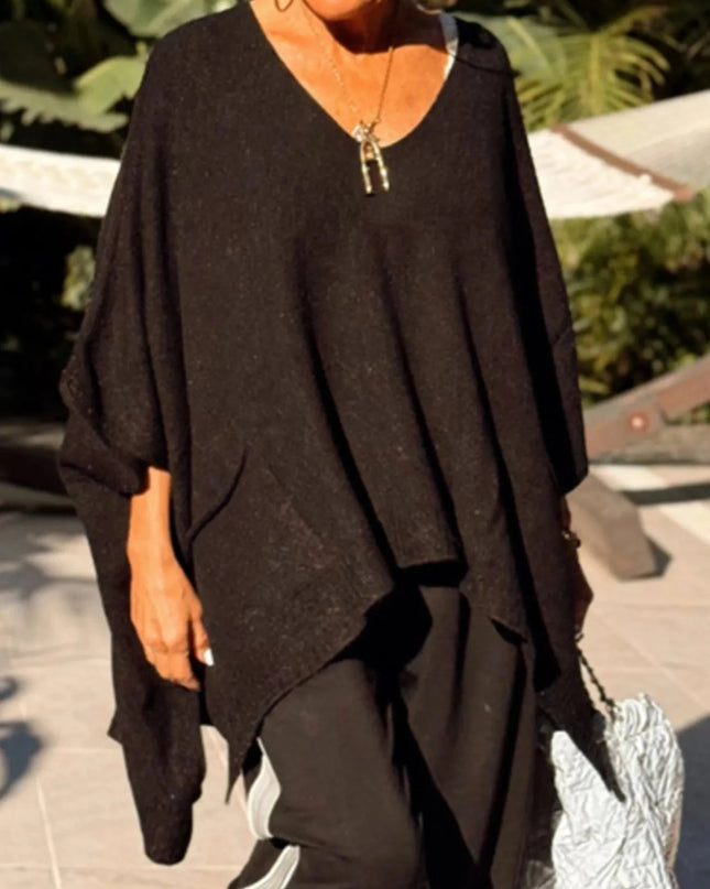 Ribbed Hem V - Neck Sweater - Trendsi