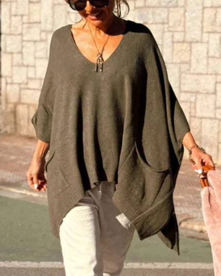 Ribbed Hem V - Neck Sweater - Trendsi