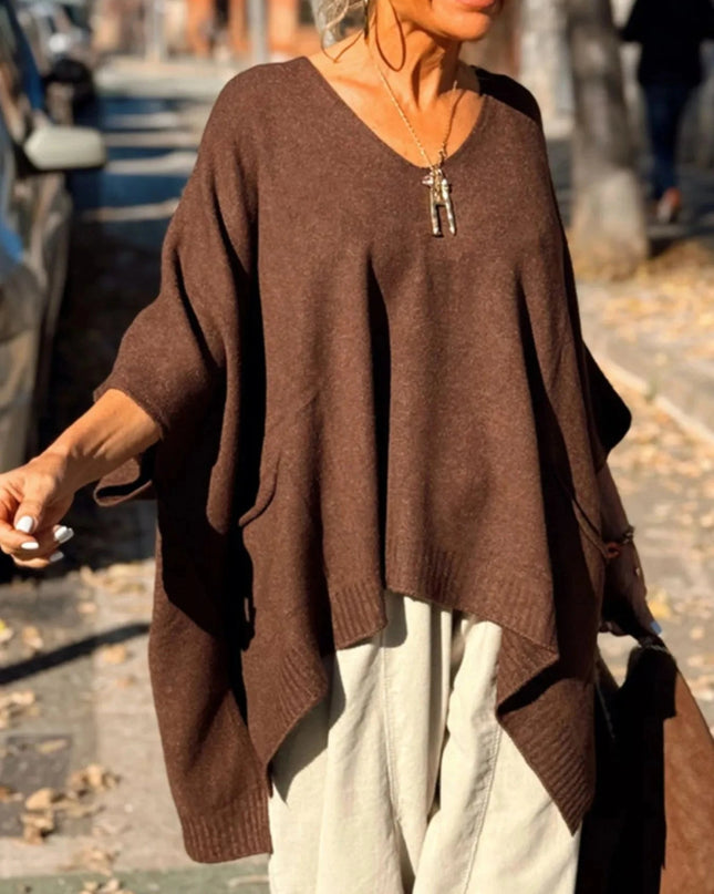 Ribbed Hem V - Neck Sweater - Trendsi