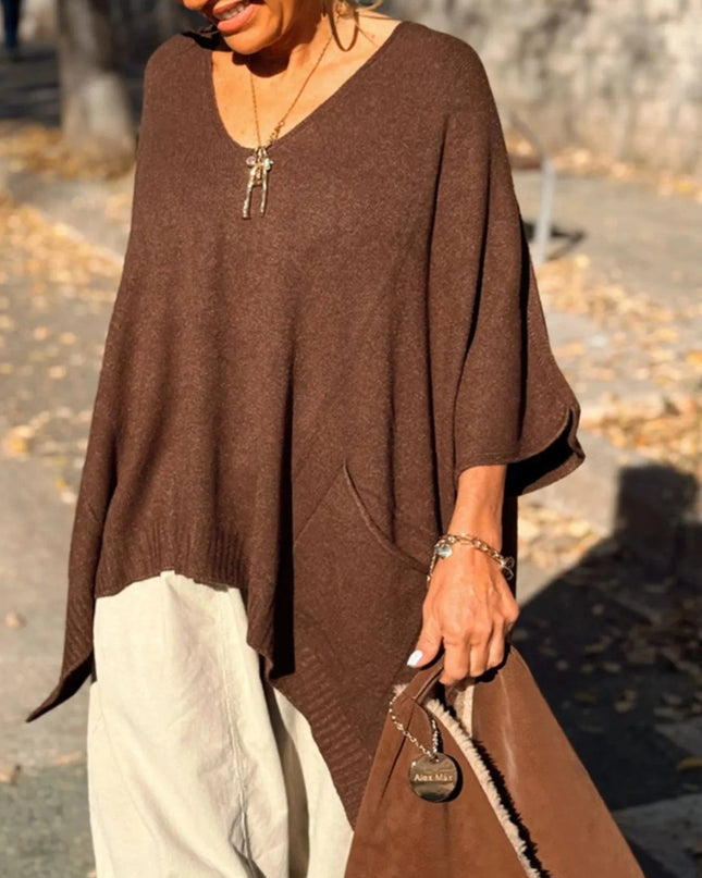 Ribbed Hem V - Neck Sweater - Trendsi