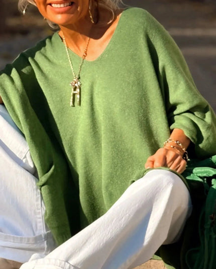 Ribbed Hem V - Neck Sweater - Trendsi