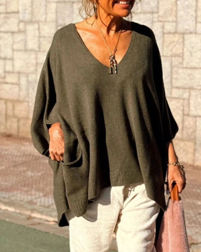 Ribbed Hem V - Neck Sweater - Trendsi