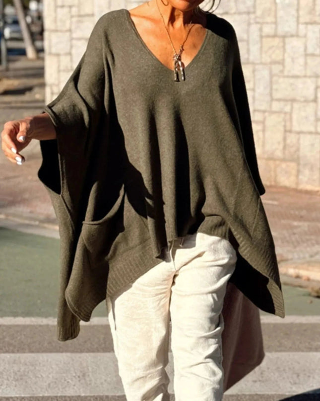 Ribbed Hem V - Neck Sweater - Trendsi
