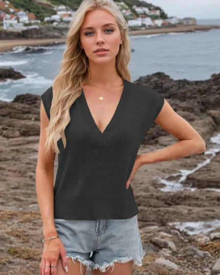 Ribbed Hem V - Neck Sweater Vest - Trendsi