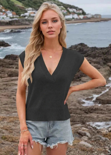 Ribbed Hem V - Neck Sweater Vest - Trendsi