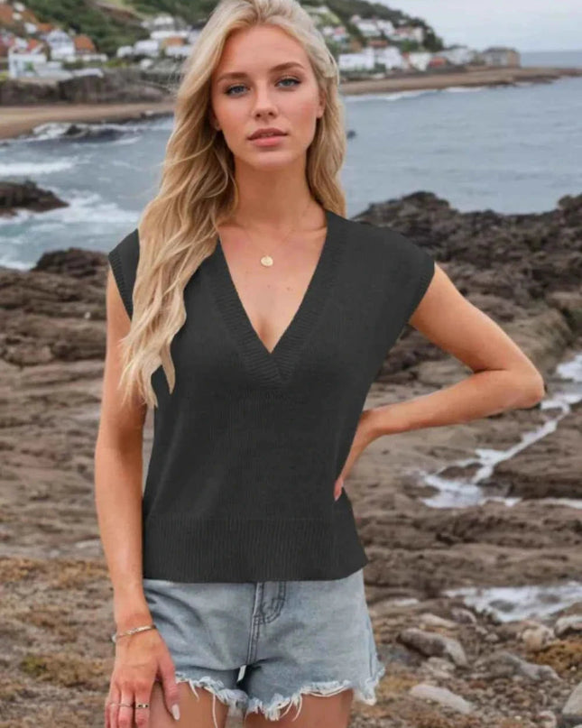 Ribbed Hem V - Neck Sweater Vest - Trendsi