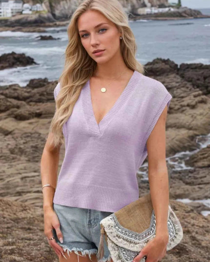 Ribbed Hem V - Neck Sweater Vest - Trendsi