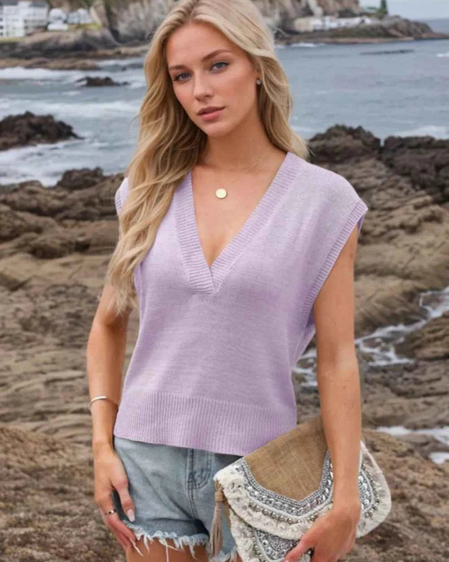 Ribbed Hem V - Neck Sweater Vest - Trendsi