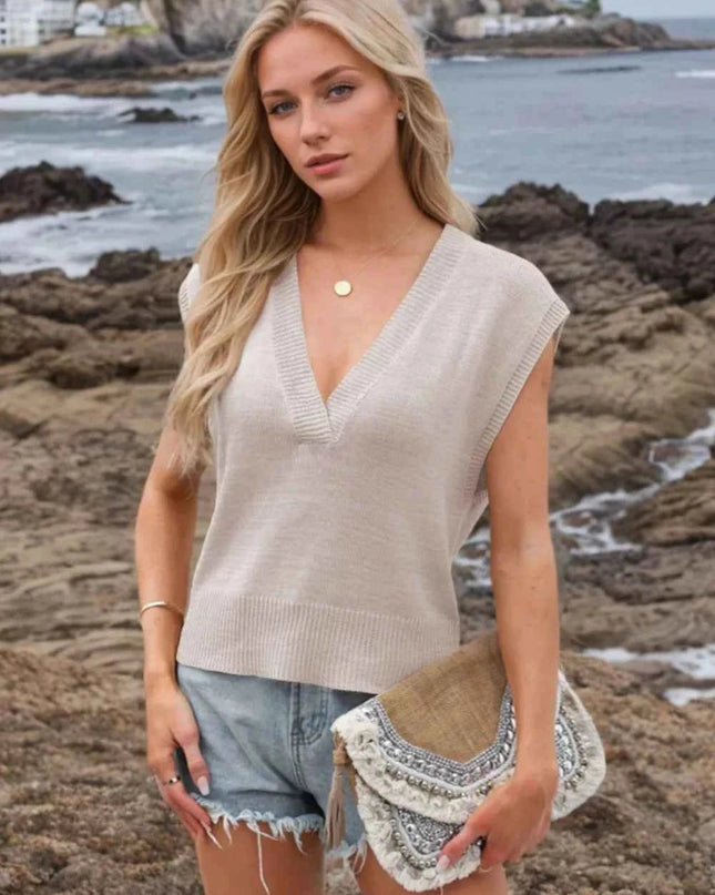 Ribbed Hem V - Neck Sweater Vest - Trendsi