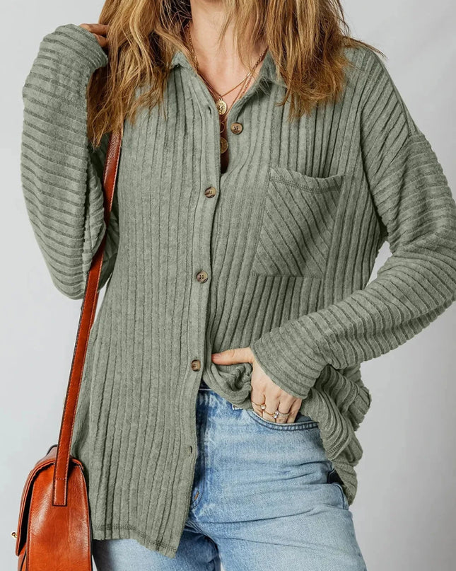 Ribbed Knit Button - Up Cardigan - Trendsi