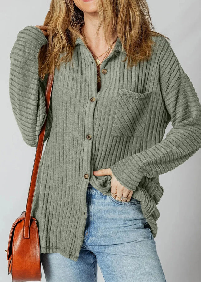 Ribbed Knit Button - Up Cardigan - Trendsi