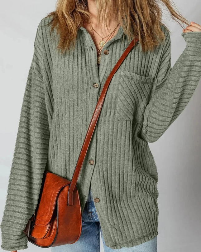 Ribbed Knit Button - Up Cardigan - Trendsi