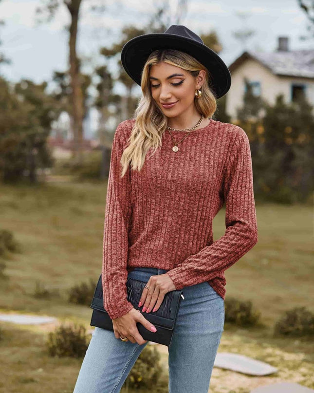 Ribbed Round Neck Long Sleeve Tee - Trendsi