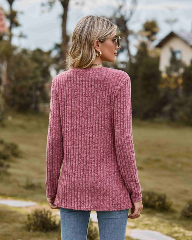 Ribbed Round Neck Long Sleeve Tee - Trendsi