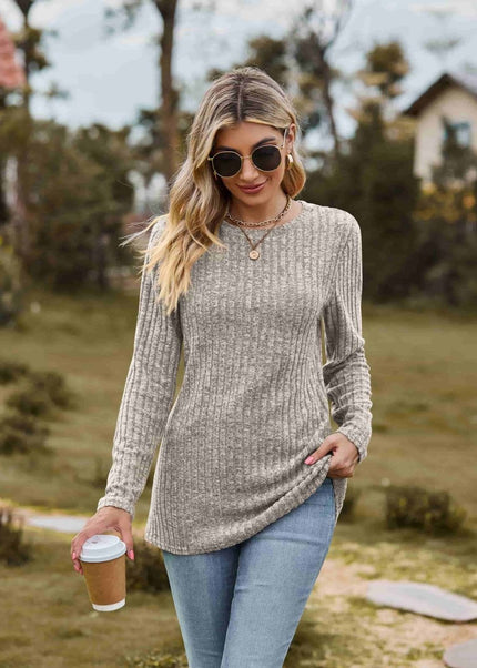 Ribbed Round Neck Long Sleeve Tee - Trendsi