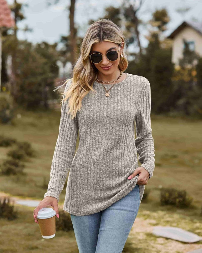 Ribbed Round Neck Long Sleeve Tee - Trendsi