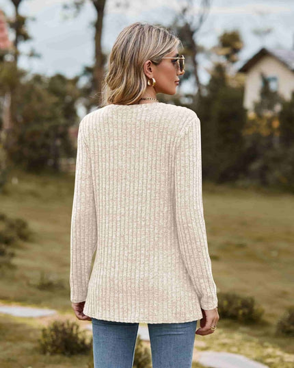 Ribbed Round Neck Long Sleeve Tee - Trendsi