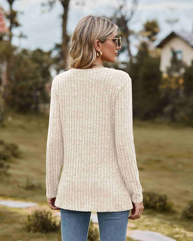 Ribbed Round Neck Long Sleeve Tee - Trendsi