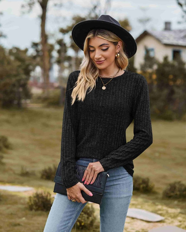 Ribbed Round Neck Long Sleeve Tee - Trendsi