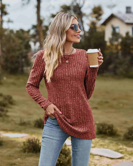 Ribbed Round Neck Long Sleeve Tee - Trendsi