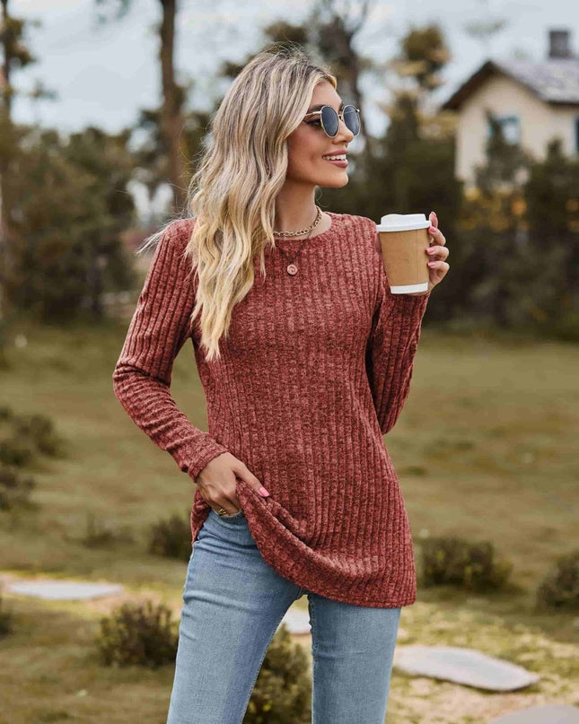 Ribbed Round Neck Long Sleeve Tee - Trendsi