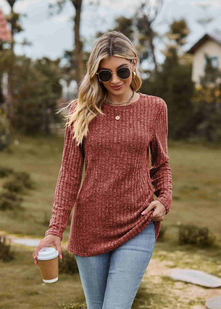 Ribbed Round Neck Long Sleeve Tee - Trendsi