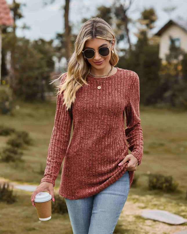 Ribbed Round Neck Long Sleeve Tee - Trendsi