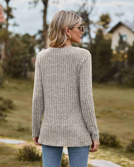 Ribbed Round Neck Long Sleeve Tee - Trendsi